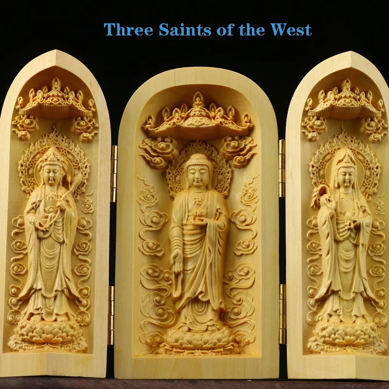 Solid Wood Carving Three Open Buddha Decorative Statue Modern Art Sculpture Collapsible Home Living Room Bedroom Decoration
