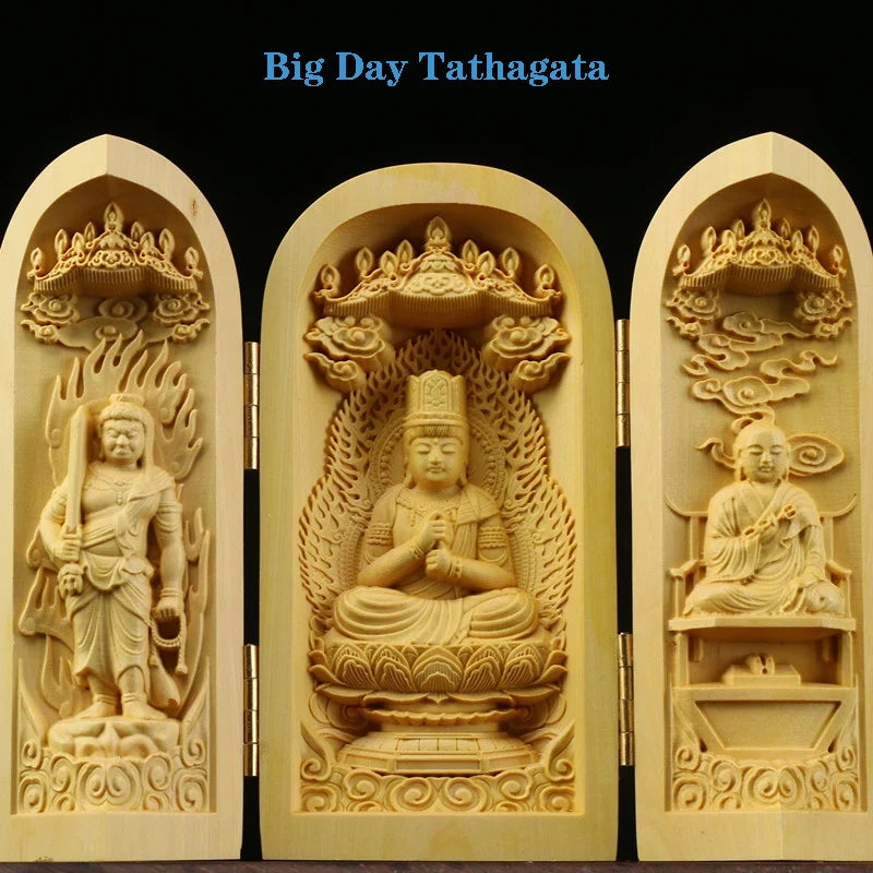 Solid Wood Carving Three Open Buddha Decorative Statue Modern Art Sculpture Collapsible Home Living Room Bedroom Decoration