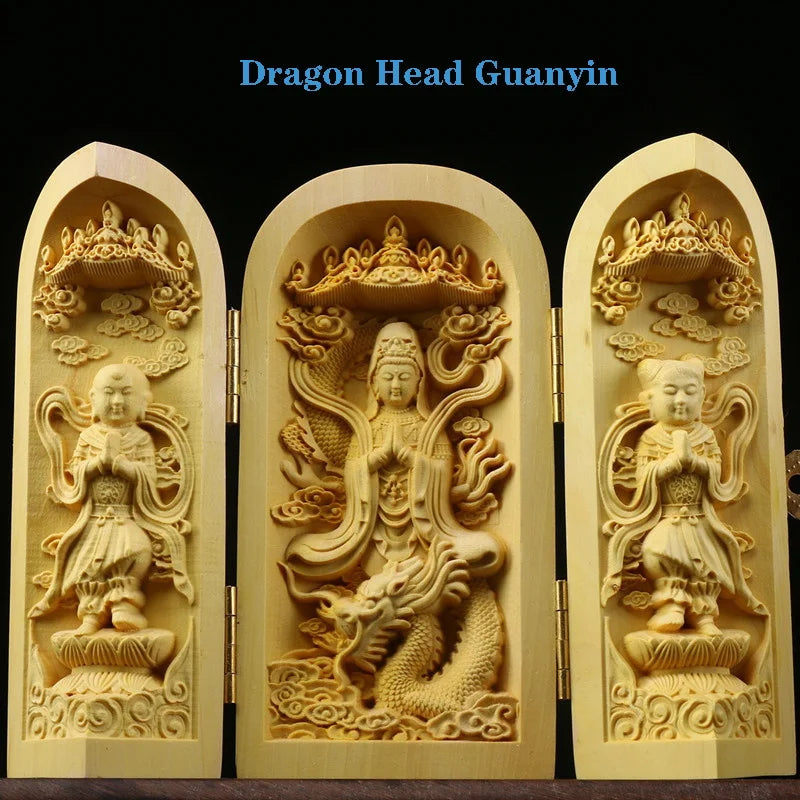 Solid Wood Carving Three Open Buddha Decorative Statue Modern Art Sculpture Collapsible Home Living Room Bedroom Decoration