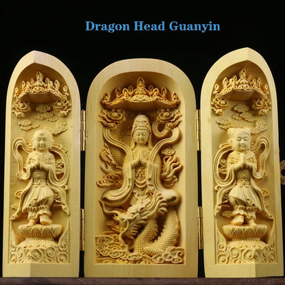 Solid Wood Carving Three Open Buddha Decorative Statue Modern Art Sculpture Collapsible Home Living Room Bedroom Decoration