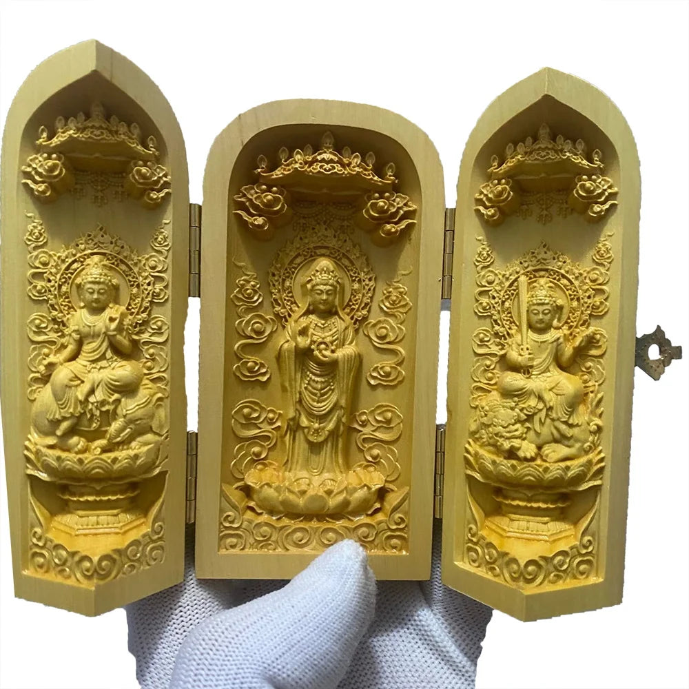 Solid Wood Carving Three Open Buddha Decorative Statue Modern Art Sculpture Collapsible Home Living Room Bedroom Decoration