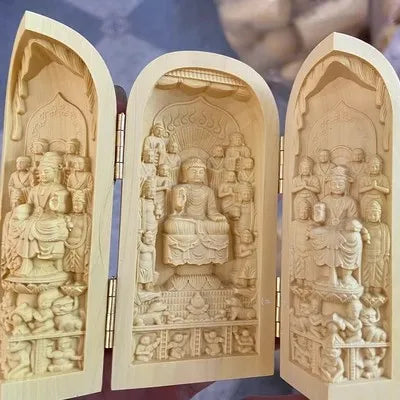 Solid Wood Carving Three Open Buddha Decorative Statue Modern Art Sculpture Collapsible Home Living Room Bedroom Decoration