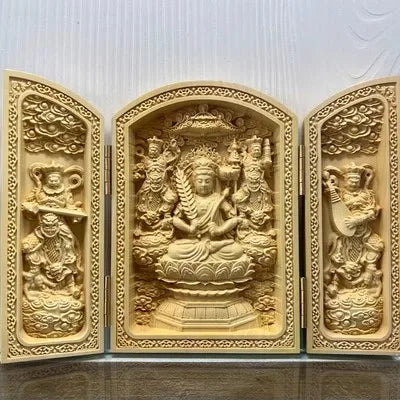Solid Wood Carving Three Open Buddha Decorative Statue Modern Art Sculpture Collapsible Home Living Room Bedroom Decoration