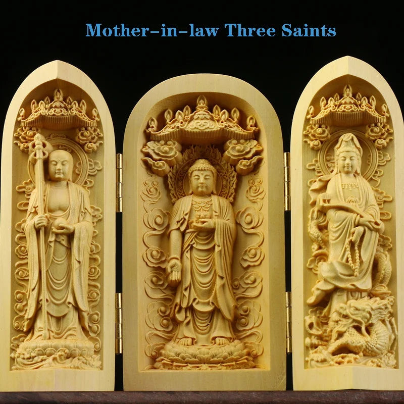 Solid Wood Carving Three Open Buddha Decorative Statue Modern Art Sculpture Collapsible Home Living Room Bedroom Decoration