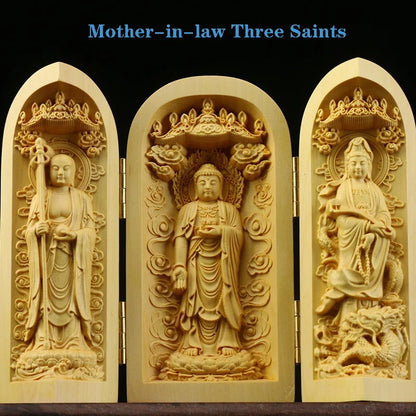 Solid Wood Carving Three Open Buddha Decorative Statue Modern Art Sculpture Collapsible Home Living Room Bedroom Decoration