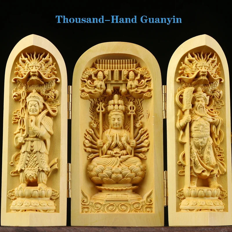 Solid Wood Carving Three Open Buddha Decorative Statue Modern Art Sculpture Collapsible Home Living Room Bedroom Decoration