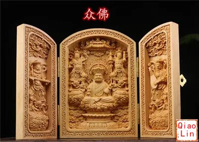 Solid Wood Carving Three Open Buddha Decorative Statue Modern Art Sculpture Collapsible Home Living Room Bedroom Decoration