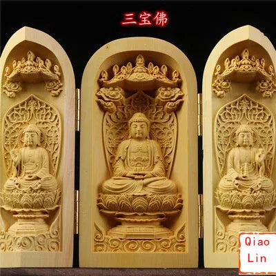 Solid Wood Carving Three Open Buddha Decorative Statue Modern Art Sculpture Collapsible Home Living Room Bedroom Decoration