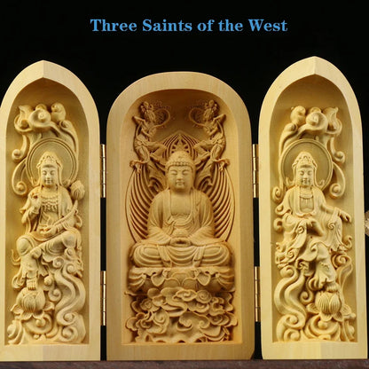 Solid Wood Carving Three Open Buddha Decorative Statue Modern Art Sculpture Collapsible Home Living Room Bedroom Decoration