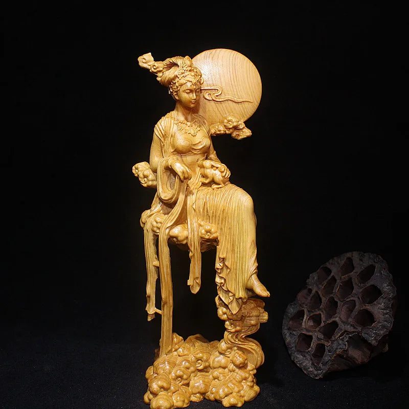 Solid Wood Chang'e Fairy Statue Hand-carved  Home Decoration Crafts Upscale Fine Carving Fairy Statue 16cm Goddess Sculpture