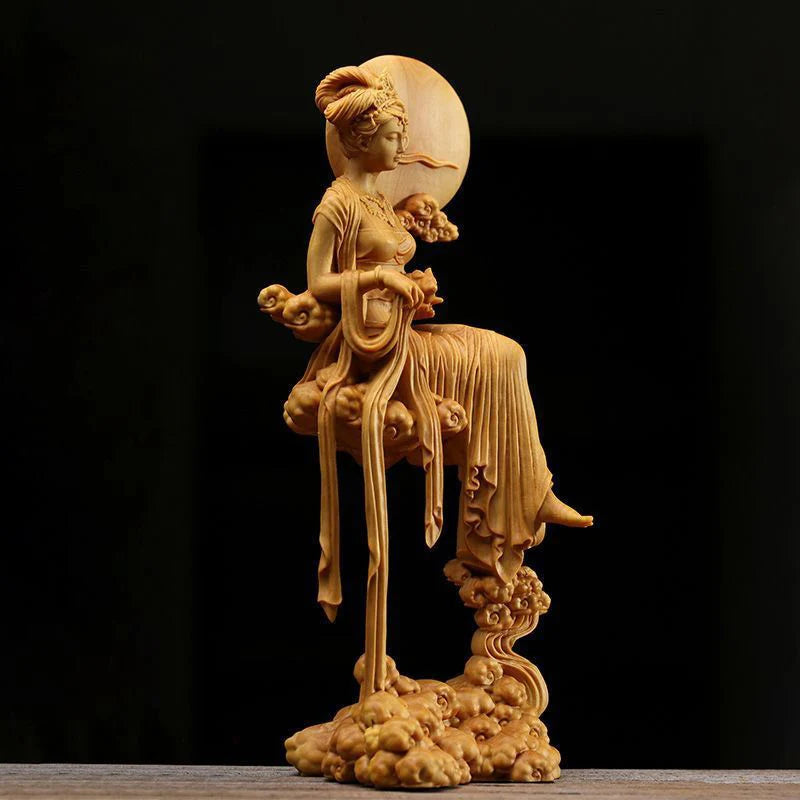 Solid Wood Chang'e Fairy Statue Hand-carved  Home Decoration Crafts Upscale Fine Carving Fairy Statue 16cm Goddess Sculpture