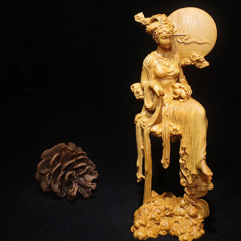 Solid Wood Chang'e Fairy Statue Hand-carved  Home Decoration Crafts Upscale Fine Carving Fairy Statue 16cm Goddess Sculpture