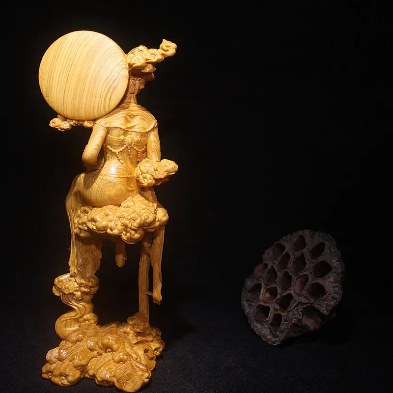 Solid Wood Chang'e Fairy Statue Hand-carved  Home Decoration Crafts Upscale Fine Carving Fairy Statue 16cm Goddess Sculpture