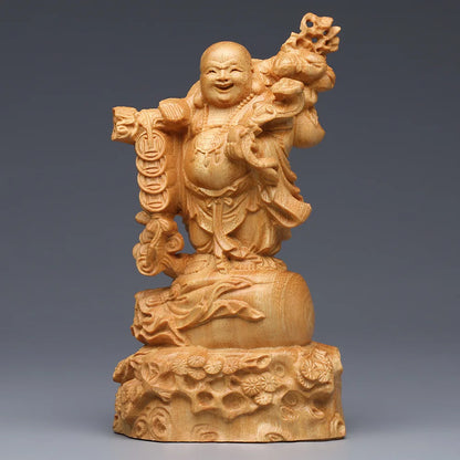 Solid Wood Cloth Bag Maitreya Buddha figure ornament ，Thuja wood hand-carved cute Home desktop figurines Lucky gift
