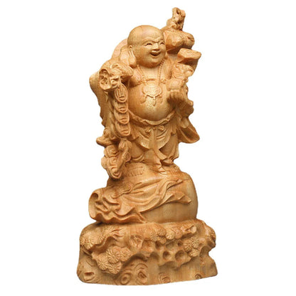 Solid Wood Cloth Bag Maitreya Buddha figure ornament ，Thuja wood hand-carved cute Home desktop figurines Lucky gift