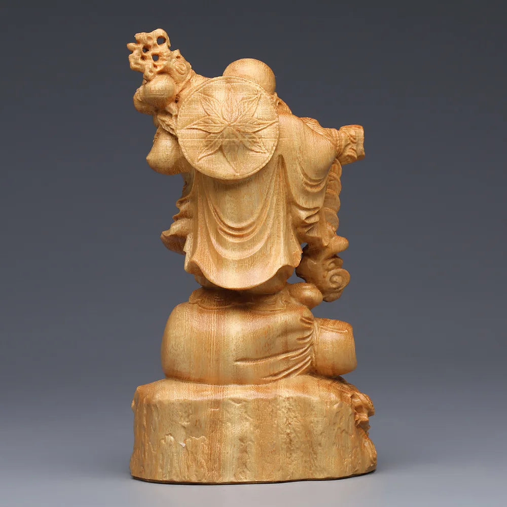 Solid Wood Cloth Bag Maitreya Buddha figure ornament ，Thuja wood hand-carved cute Home desktop figurines Lucky gift