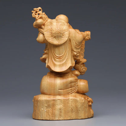 Solid Wood Cloth Bag Maitreya Buddha figure ornament ，Thuja wood hand-carved cute Home desktop figurines Lucky gift