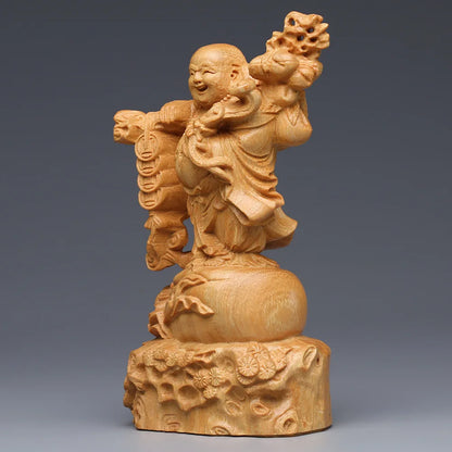 Solid Wood Cloth Bag Maitreya Buddha figure ornament ，Thuja wood hand-carved cute Home desktop figurines Lucky gift