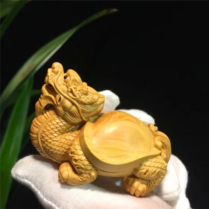 Solid Wood Dragon Tortoise Mascot Sculpture Statue Hand Carved Solid Wood God Beast Dragon Tortoise Home Decoration Figurines