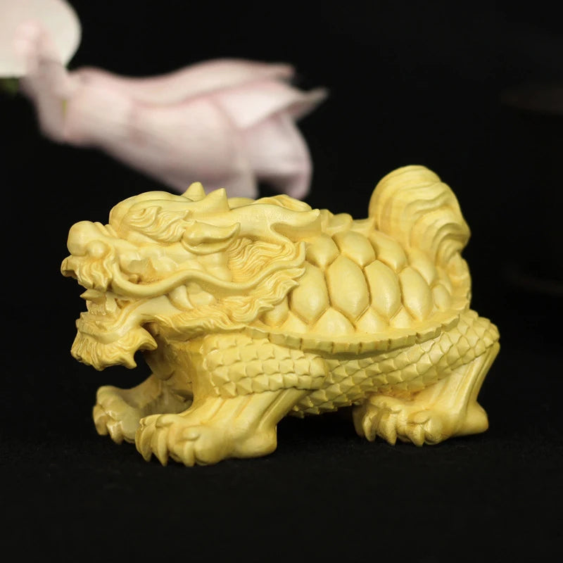 Solid Wood Dragon Tortoise Mascot Sculpture Statue Hand Carved Solid Wood God Beast Dragon Tortoise Home Decoration Figurines