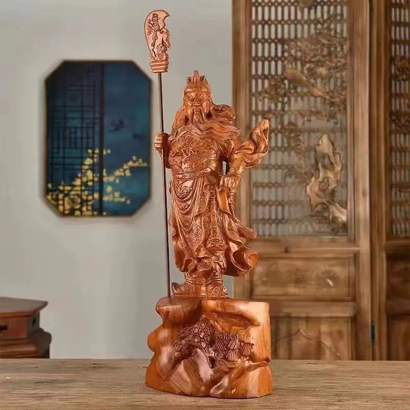 Solid Wood Guan Gong Retro Manual Wood Carving Guan Yu Ornament Household Gifts Wooden Crafts Home Decore Buddha Statue Figurine