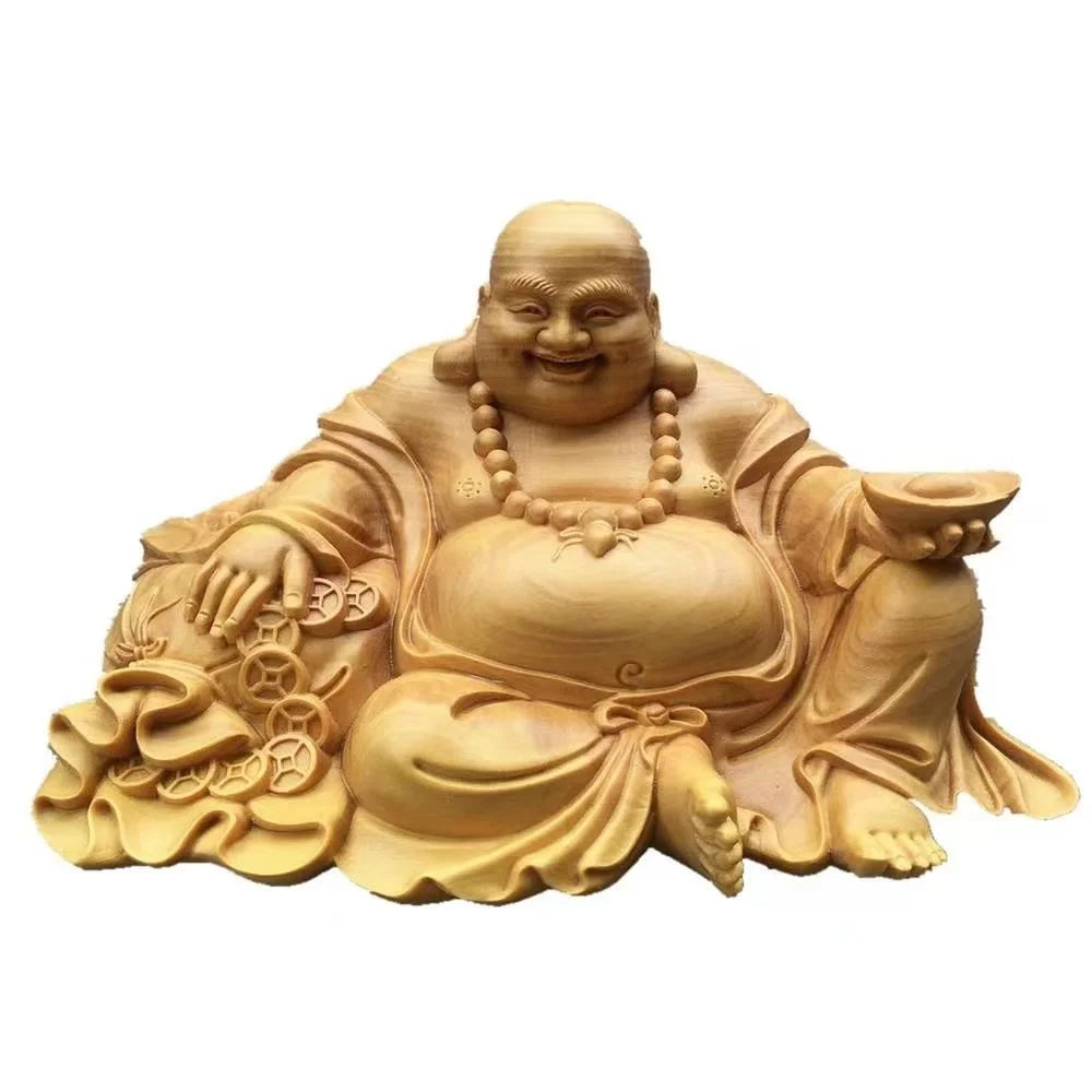 Solid Wood Ingot Maitreya Buddha Sculpture Statue， Modern Art Hand-Carved Home Living Room Bedroom Lucky Statue Gift Souvenir