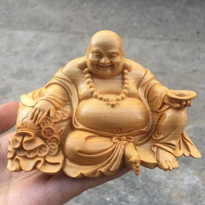 Solid Wood Ingot Maitreya Buddha Sculpture Statue， Modern Art Hand-Carved Home Living Room Bedroom Lucky Statue Gift Souvenir