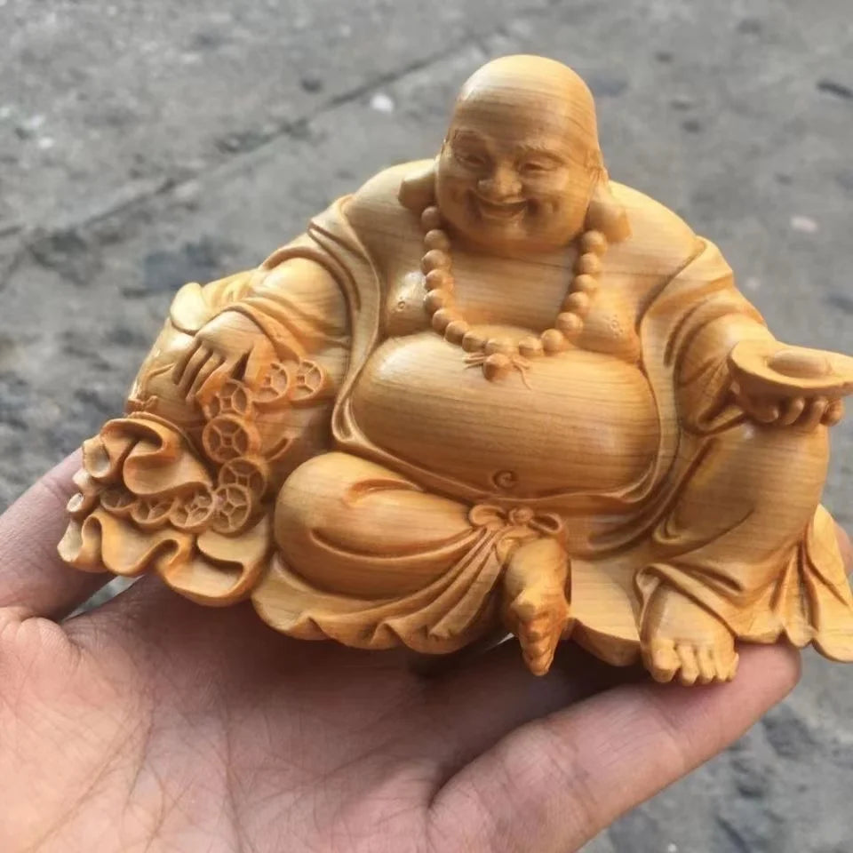 Solid Wood Ingot Maitreya Buddha Sculpture Statue， Modern Art Hand-Carved Home Living Room Bedroom Lucky Statue Gift Souvenir