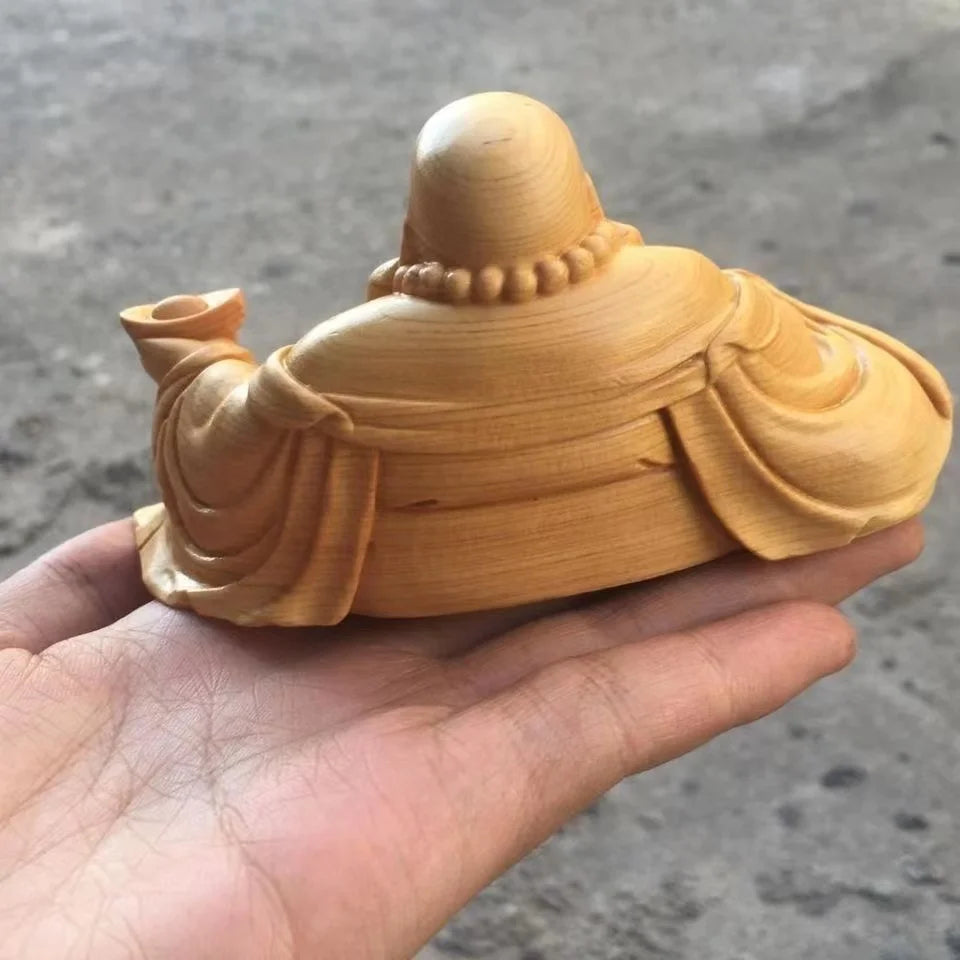 Solid Wood Ingot Maitreya Buddha Sculpture Statue， Modern Art Hand-Carved Home Living Room Bedroom Lucky Statue Gift Souvenir