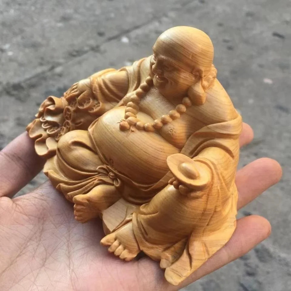 Solid Wood Ingot Maitreya Buddha Sculpture Statue， Modern Art Hand-Carved Home Living Room Bedroom Lucky Statue Gift Souvenir