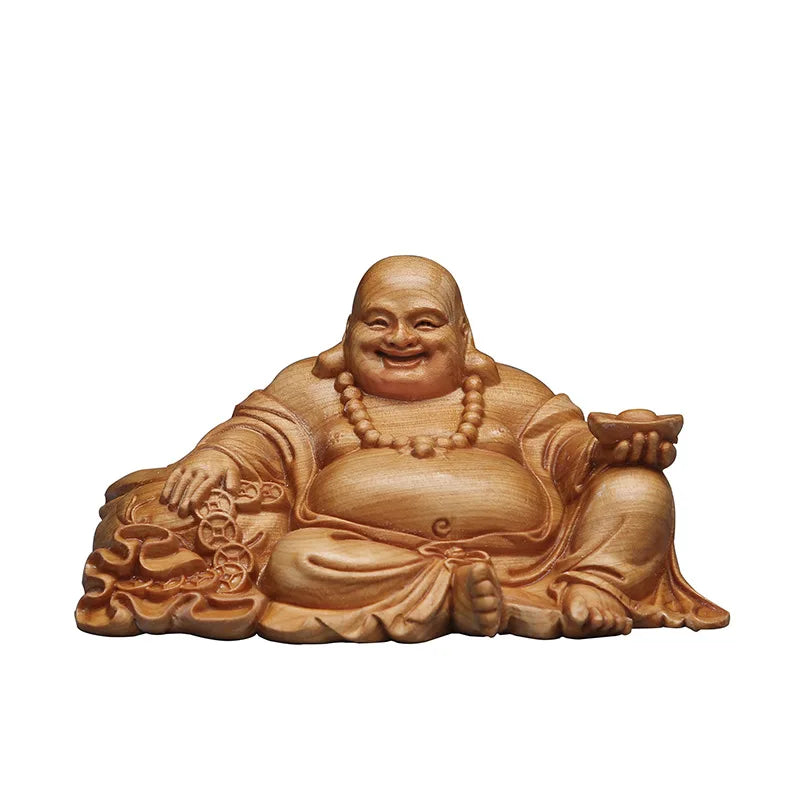 Solid Wood Ingot Maitreya Buddha Sculpture Statue， Modern Art Hand-Carved Home Living Room Bedroom Lucky Statue Gift Souvenir