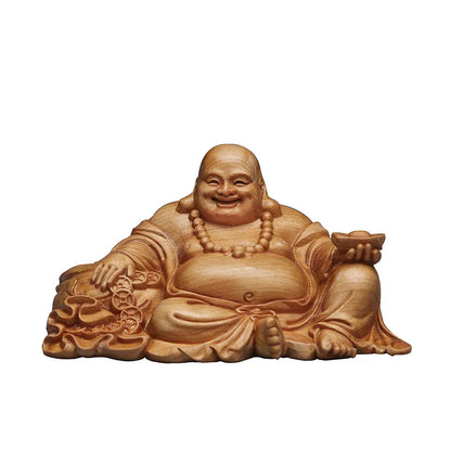 Solid Wood Ingot Maitreya Buddha Sculpture Statue， Modern Art Hand-Carved Home Living Room Bedroom Lucky Statue Gift Souvenir