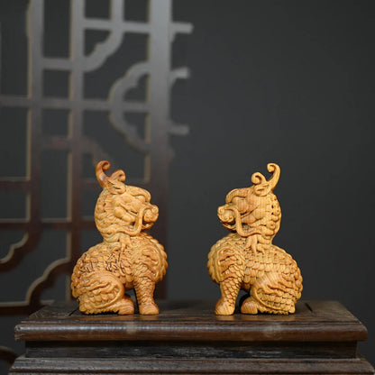 Solid Wood Kirin Statuette，Mascot Chinese Characteristic Figurines Ornaments ，Living Room Room Feng Shui Statue  Special Offer