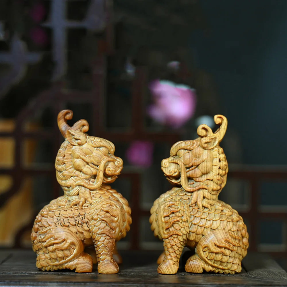 Solid Wood Kirin Statuette，Mascot Chinese Characteristic Figurines Ornaments ，Living Room Room Feng Shui Statue  Special Offer