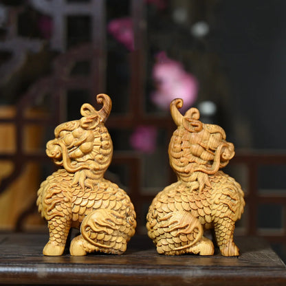 Solid Wood Kirin Statuette，Mascot Chinese Characteristic Figurines Ornaments ，Living Room Room Feng Shui Statue  Special Offer