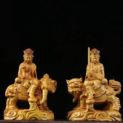 Solid Wood Ornament Manjusri Samantabhadra Bodhisattva Statues Sculpture Decor Statue Living Room