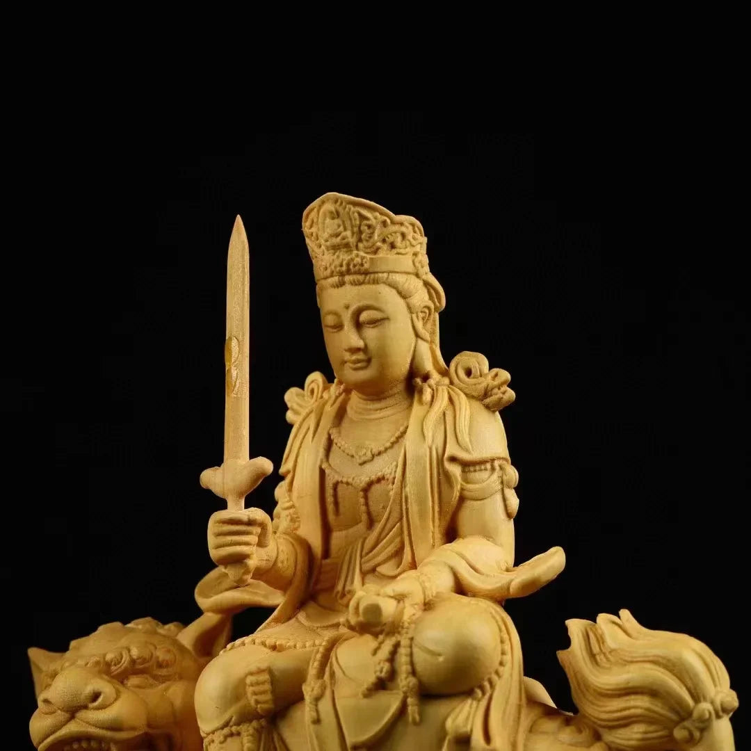 Solid Wood Ornament Manjusri Samantabhadra Bodhisattva Statues Sculpture Decor Statue Living Room