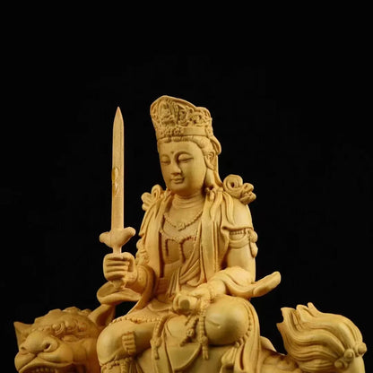 Solid Wood Ornament Manjusri Samantabhadra Bodhisattva Statues Sculpture Decor Statue Living Room