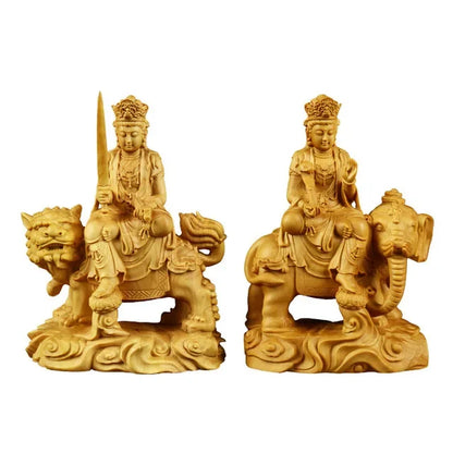 Solid Wood Ornament Manjusri Samantabhadra Bodhisattva Statues Sculpture Decor Statue Living Room