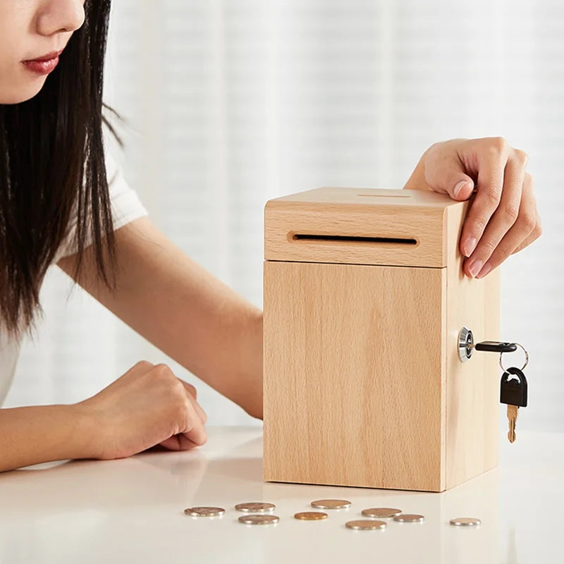 Solid Wood Piggy Bank Thickened Money-Saving Box With Lock  High Quality Durable Coins, Banknotes Decorative Cash Box