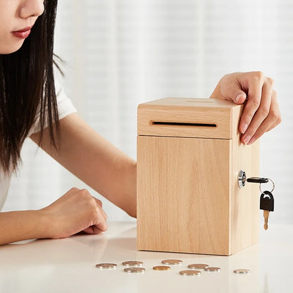 Solid Wood Piggy Bank Thickened Money-Saving Box With Lock  High Quality Durable Coins, Banknotes Decorative Cash Box