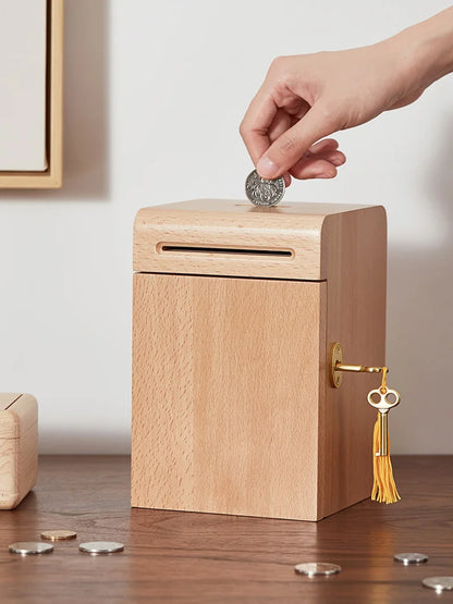 Solid Wood Piggy Bank Thickened Money-Saving Box With Lock  High Quality Durable Coins, Banknotes Decorative Cash Box
