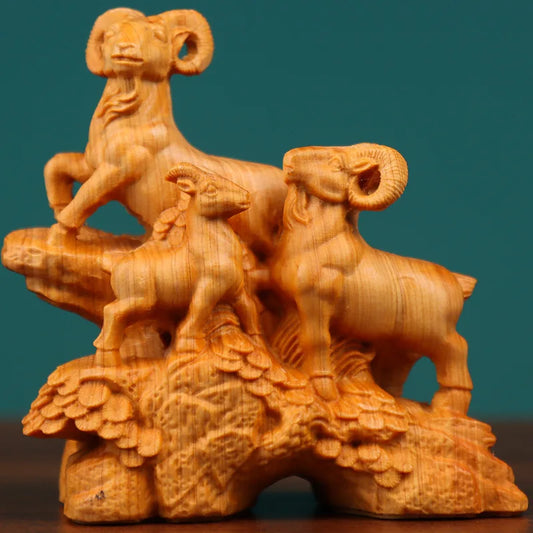 Solid Wood SanyangkaitaiAuspicious blessing animal statue Traditional hand carving Cute home decoration crafts Gift statue