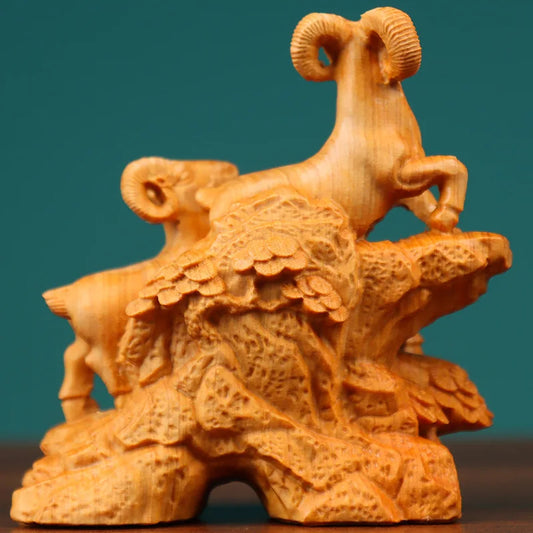 Solid Wood SanyangkaitaiAuspicious blessing animal statue Traditional hand carving Cute home decoration crafts Gift statue