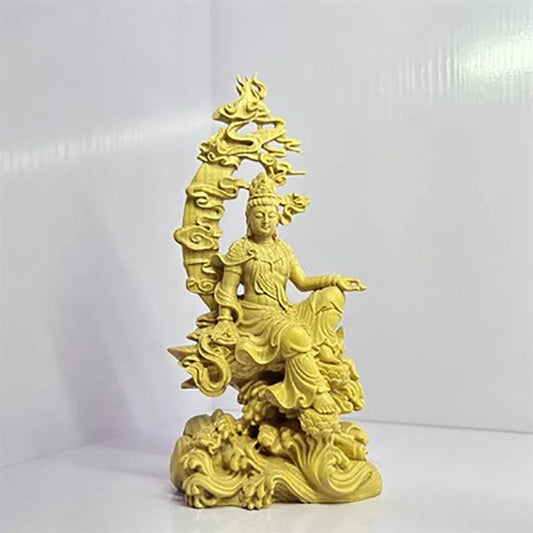 Solid Wood Water Moon Guanyin Statue，Finely Carved Chinese Buddha Statues，Modern Art Sculpture，Home Decoration Feng Shui Guanyin