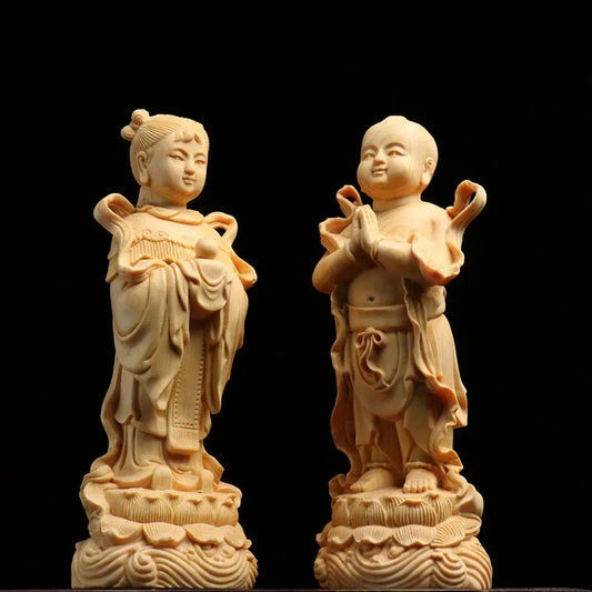 Solid wood Golden Boy - Jade Girl  ,Figure decorative statue Traditional wooden Hand-carved Home Decor Accessories，Wedding Gifts