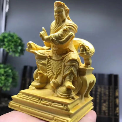Solid wood Guan Gong sitting statue Hand-carved Modern art sculpture Decorative figurine of mythical character home living room