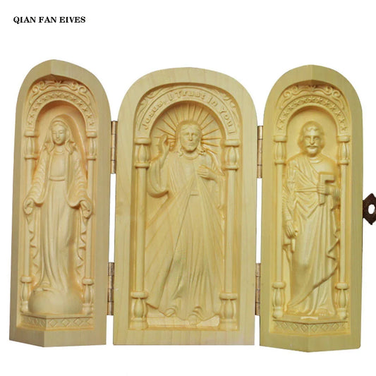 Solid wood Jesus round three-opened box statue,Modern art sculpture，Portable home decoration statue，Gift souvenir，free delivery