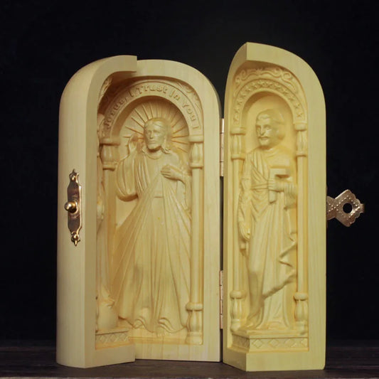 Solid wood Jesus round three-opened box statue,Modern art sculpture，Portable home decoration statue，Gift souvenir，free delivery