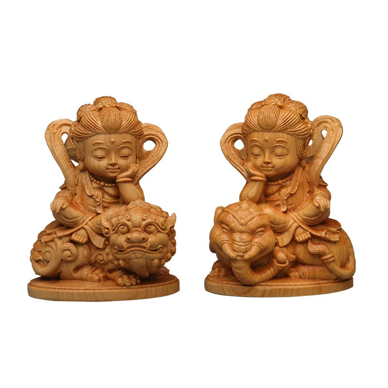 Solid wood Samantabhadra, Manjushri Cartoon statue，Hand-carved Cute home living room bedroom feng shui furnishings  2-piece set